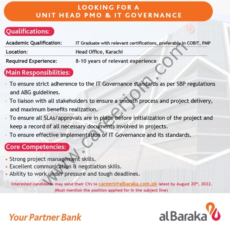 Al Baraka Bank Pakistan Limited Jobs Unit Head PMO & IT Governance 01