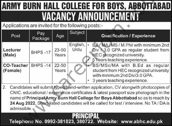 Army Burn Hall College for Boys Abbottabad Jobs 21 August 2022 Express Tribune 01