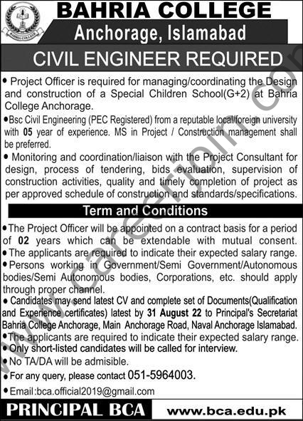 Bahria College Anchorage Islamabad Jobs 21 August 2022 Express 01