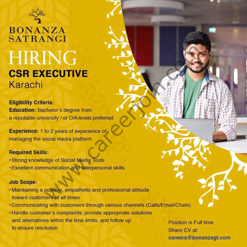 Bonanza Satrangi Jobs CSR Executive 01