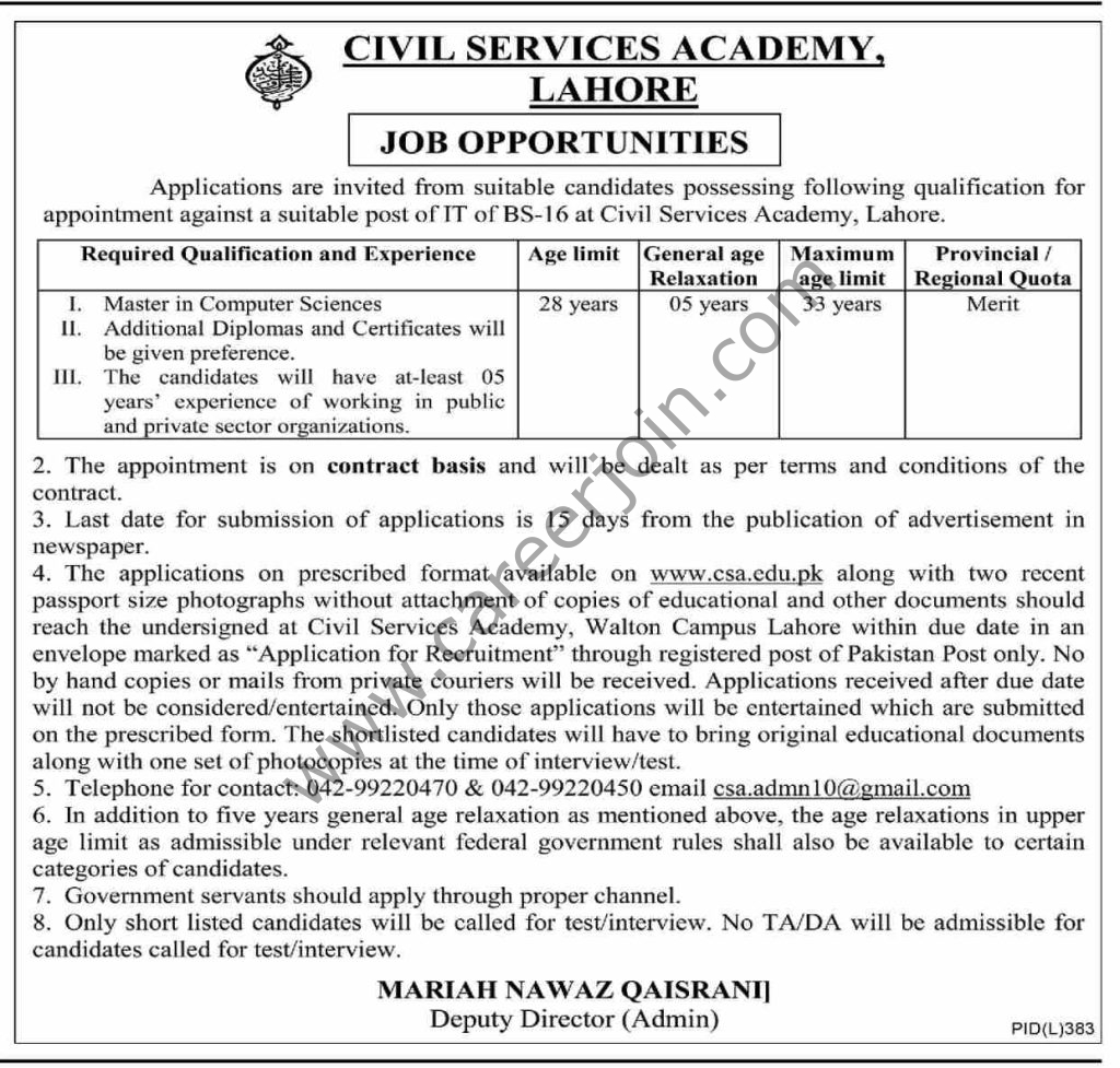 Civil Services Academy Lahore Jobs 14 August 2022 Dawn 01