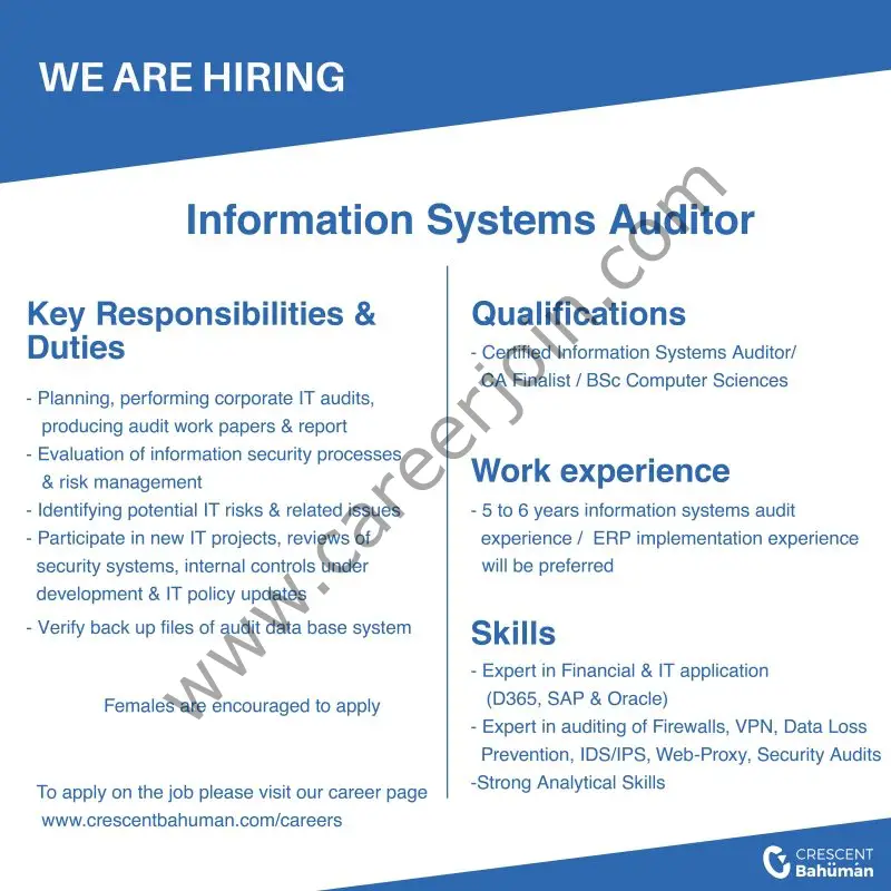 Crescent Bahuman Ltd Jobs Information Systems Auditor 01