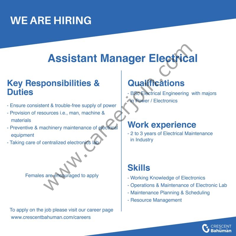 Crescent Bahuman Limited Jobs Assistant Manager Electrical 01