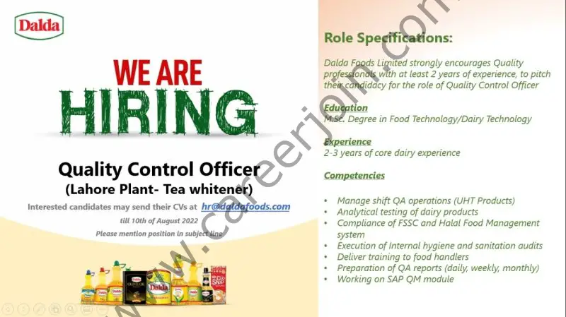 Dalda Foods Limited Jobs Quality Control Officer 01