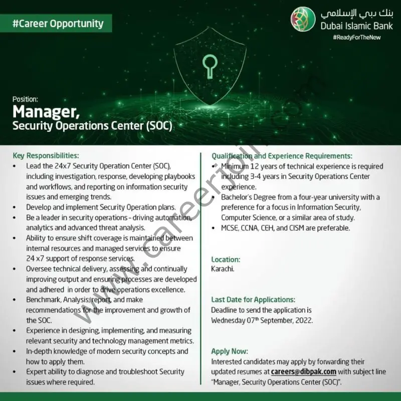 Dubai Islamic Bank Ltd DIBP Jobs Manager Security Operations Officer SOC 01