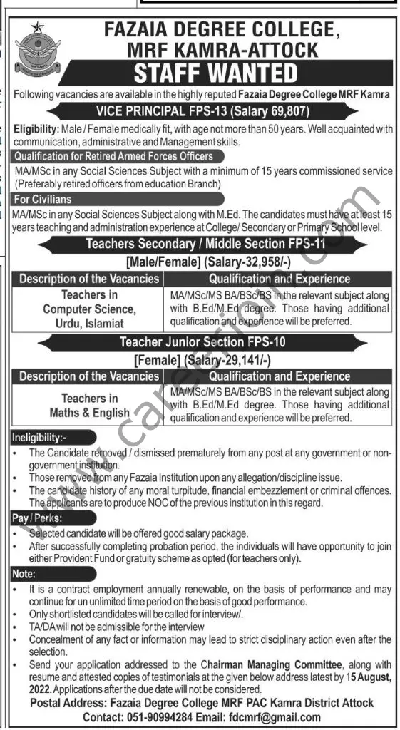 Fazaia Degree College MRF Kamra Attock Jobs 07 August 2022 Express Tribune 1