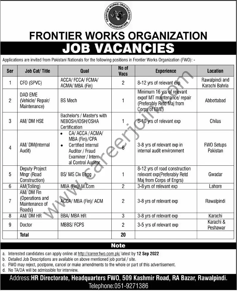 Frontier Works Organizations FWO Jobs 28 August 2022 Express Tribune 04