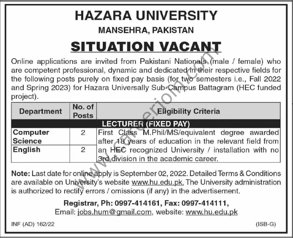 Hazara University Mansehra Jobs 26 August 2022 Dawn 01