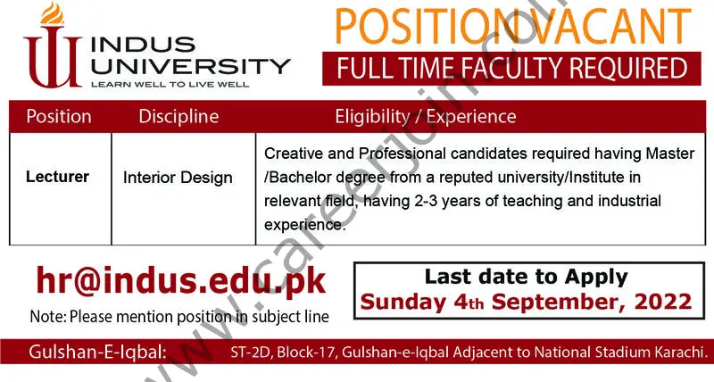 Indus University Jobs September 2022 02