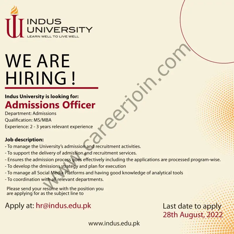 Indus University Jobs Admissions Officer 01