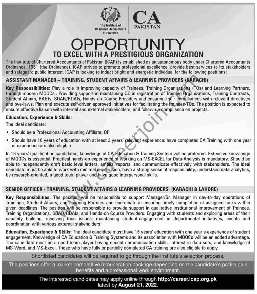 Institute of Chartered Accountants of Pakistan ICAP Jobs 07 August 2022 Dawn 1