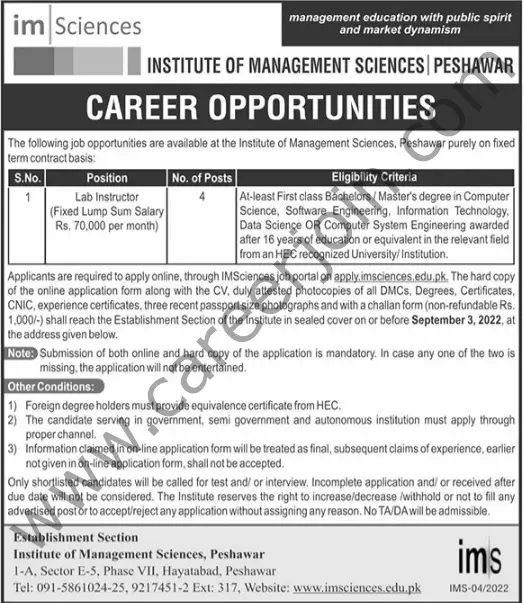 Institute of Management Sciences Peshawar Jobs 21 August 2022 The News 01