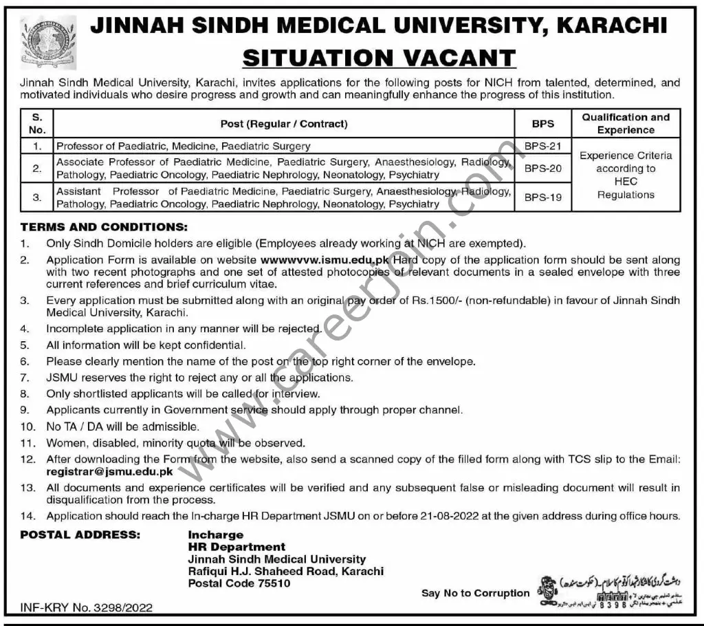 Jinnah Sindh Medical University Karachi Jobs 07 August 2022 Dawn 1