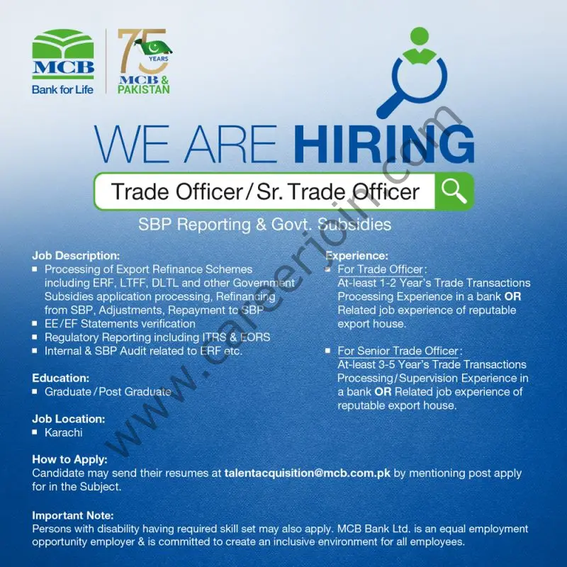MCB Bank Limited Jobs Trade Officer / Sr Trade Officer 01