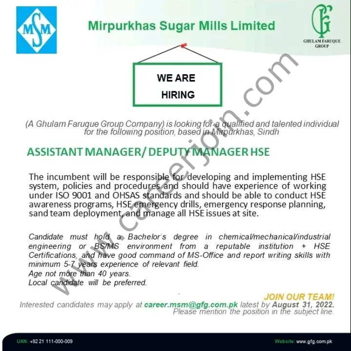 Mirpurkhas Sugar Mills Limited Jobs Assistant Manager / Deputy Manager HSE 01