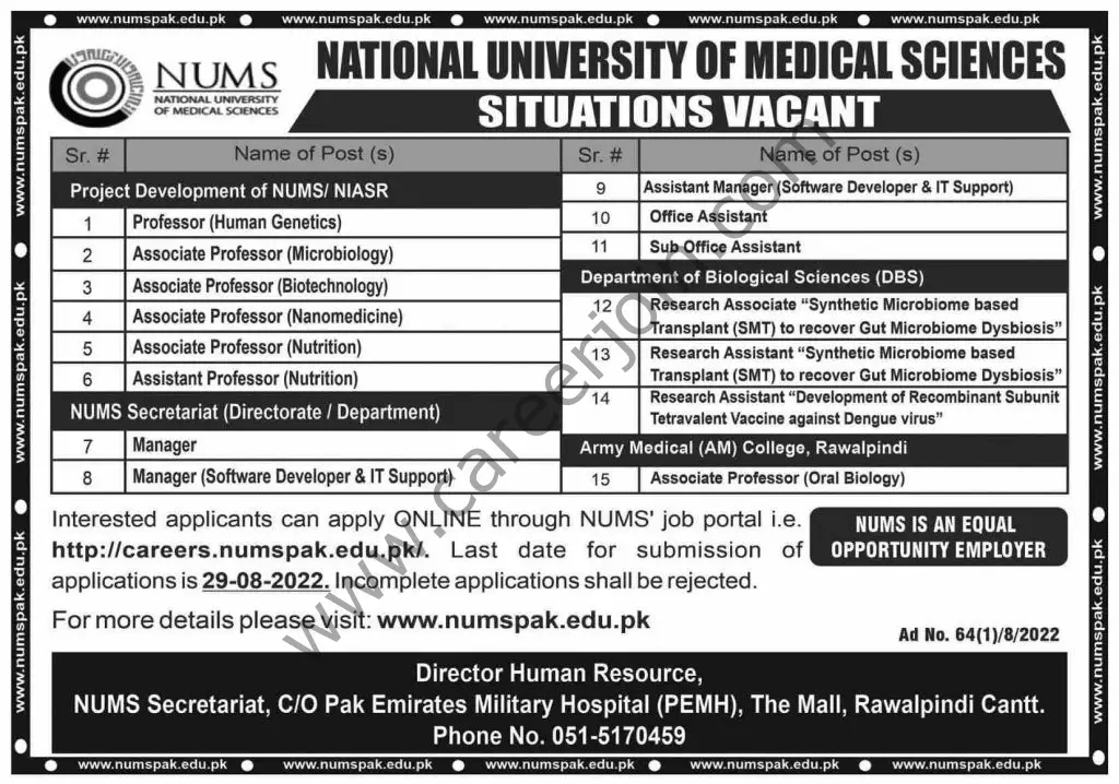 National University of Medical Sciences NUML Jobs 14 August 2022 Dawn 01