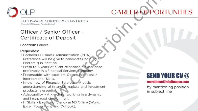 OLP Financial Services Pakistan Limited Jobs Officer / Senior Officer Certificate of Deposit 1