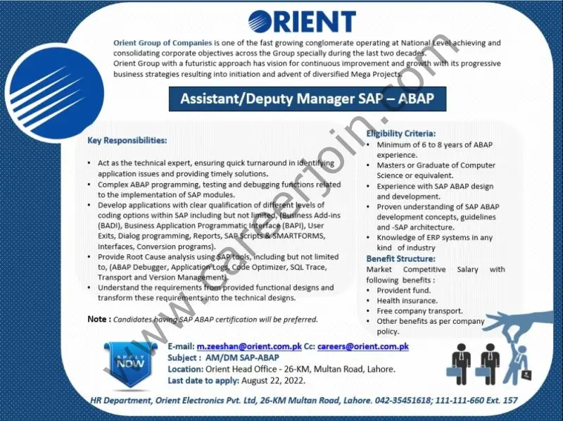 Orient Group Of Companies Jobs Assistant / Deputy Manager SAP-ABAP 01