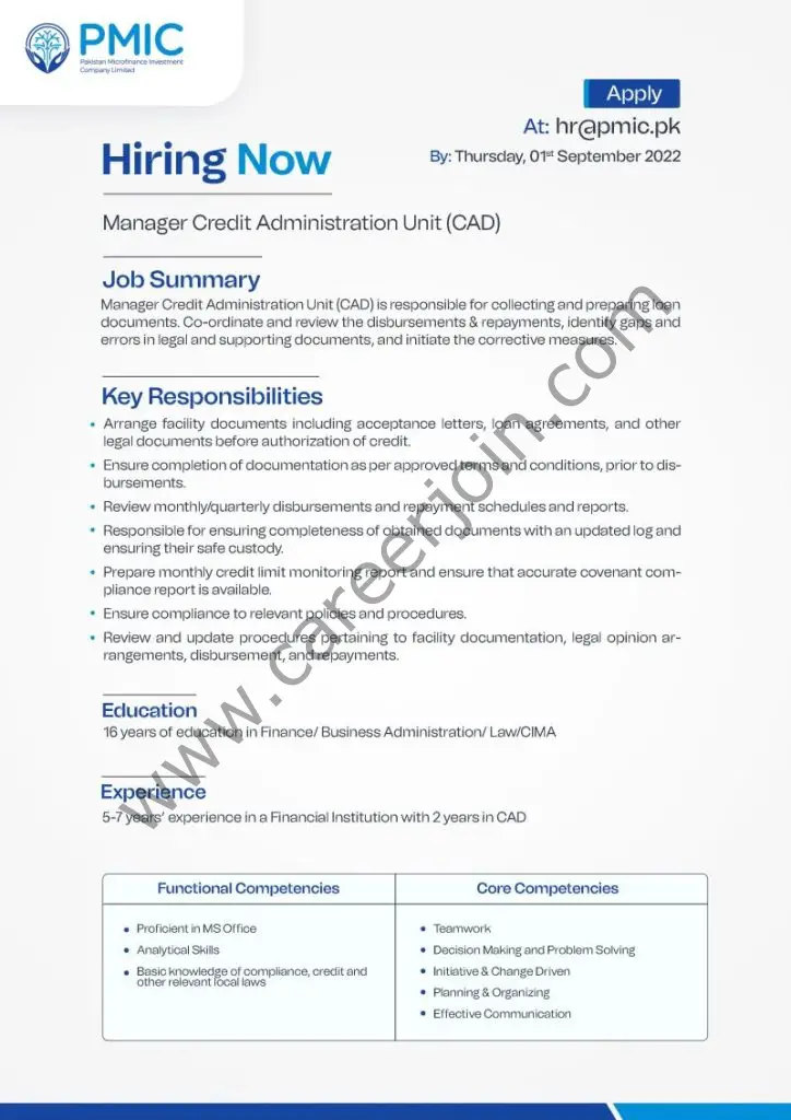 Pakistan Microfinance Investment Limited PMIC Jobs Manager Credit Administration Unit CAD 01