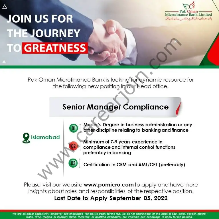 Pak Oman Microfinance Bank Limited Jobs Senior Manager Compliance 01