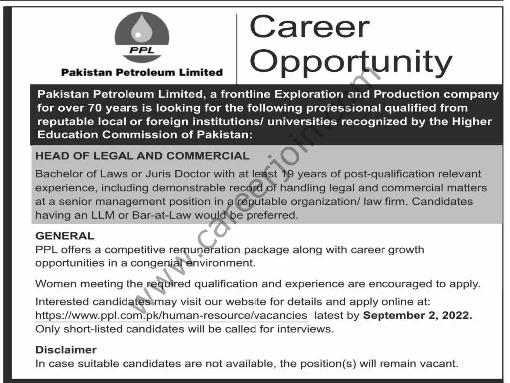 Pakistan Petroleum Ltd PPL Jobs 21 August 2022 Dawn 01