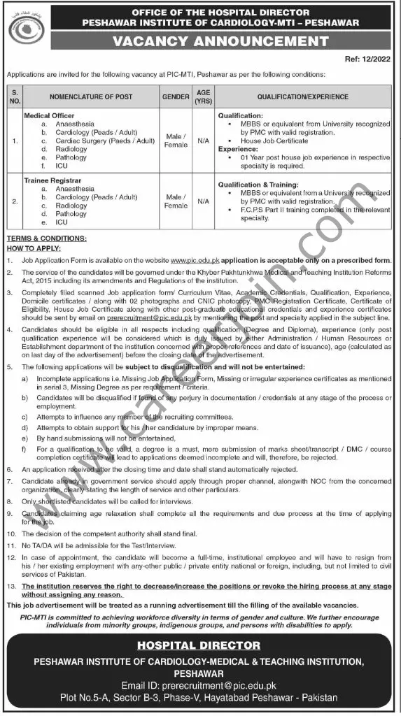 Peshawar Institute Of Cardiology MTI Jobs August 2022 01