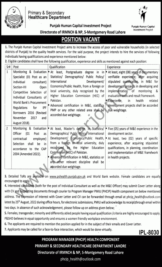 Punjab Human Capital Investment Project Jobs August 2022 01