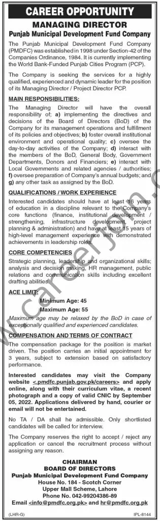 Punjab Municipal Development Fund Company PMDFC Jobs 14 August 2022 Dawn 01