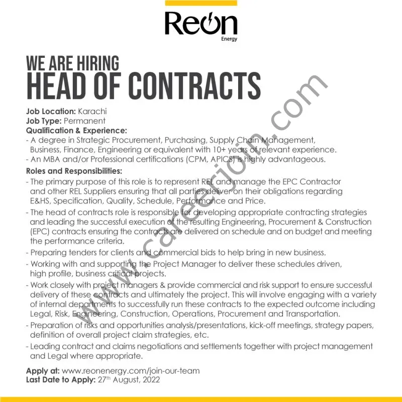 Reon Energy Limited Jobs Head of Contracts 01