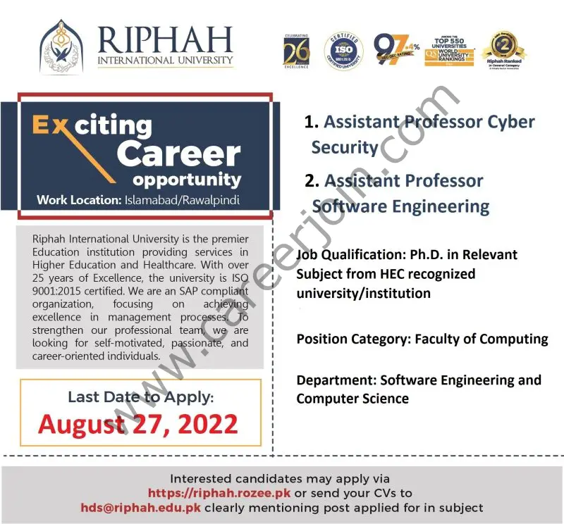 Riphah International University Jobs August 2022 03