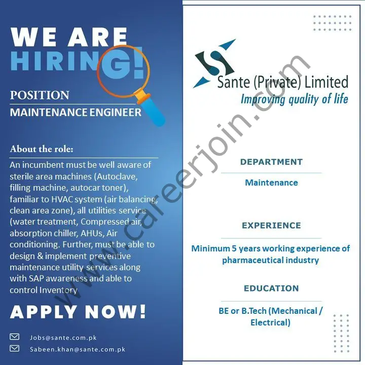 Sante Pvt Ltd Jobs Maintenance Engineer 01