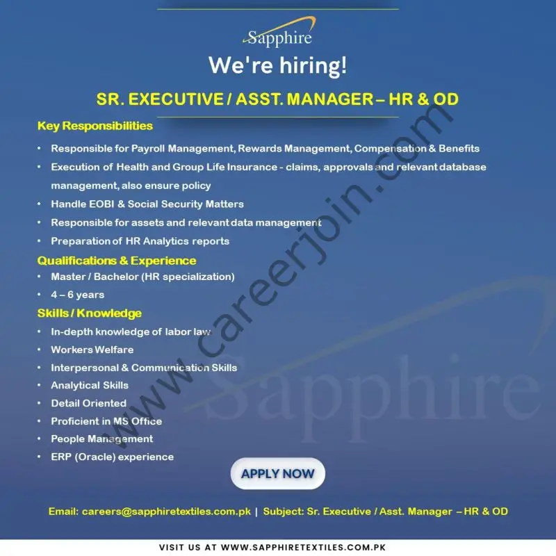 Sapphire Textile Mills Limited Jobs Senior Executive / Assistant Manager HR & OD 01