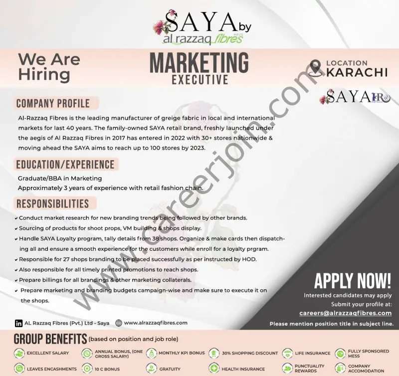 SAYA By Alrazzaq Fibres Jobs Marketing Executive 01