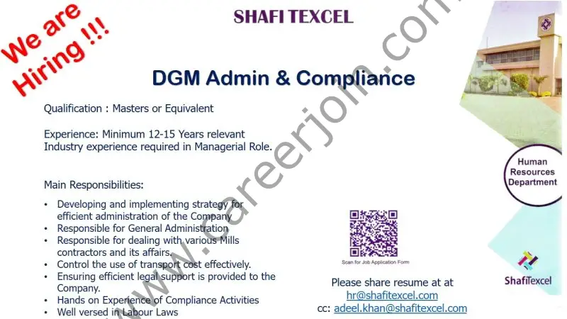 Shafi Texcel Limited Jobs DGM Admin & Compliance 01