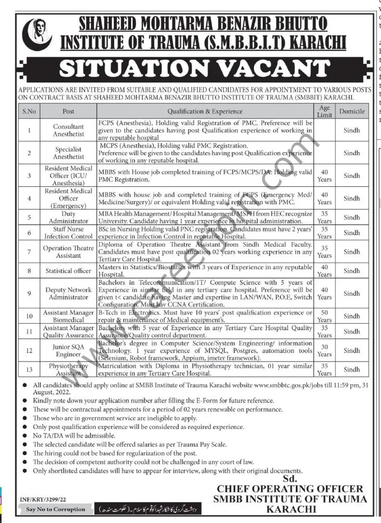 Shaheed Mohtarma Benazir Bhutto Institute of Trauma SMBBIT Karachi Jobs 07 August 2022 Express Tribune 1