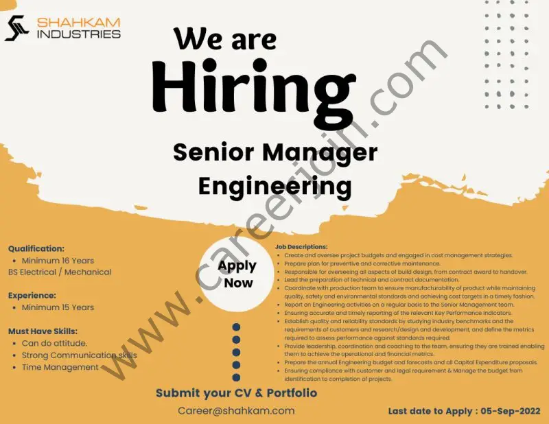 Shahkam industries Pvt Ltd Jobs Senior Manager Engineering 01