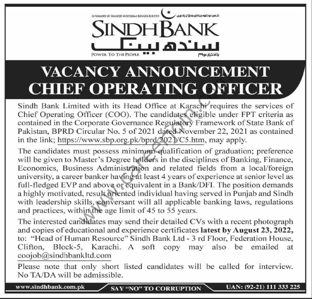 Sindh Bank Ltd Jobs August 2022 02