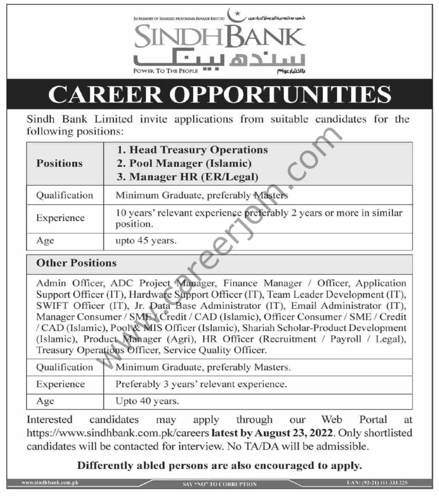 Sindh Bank Ltd Jobs August 2022 01