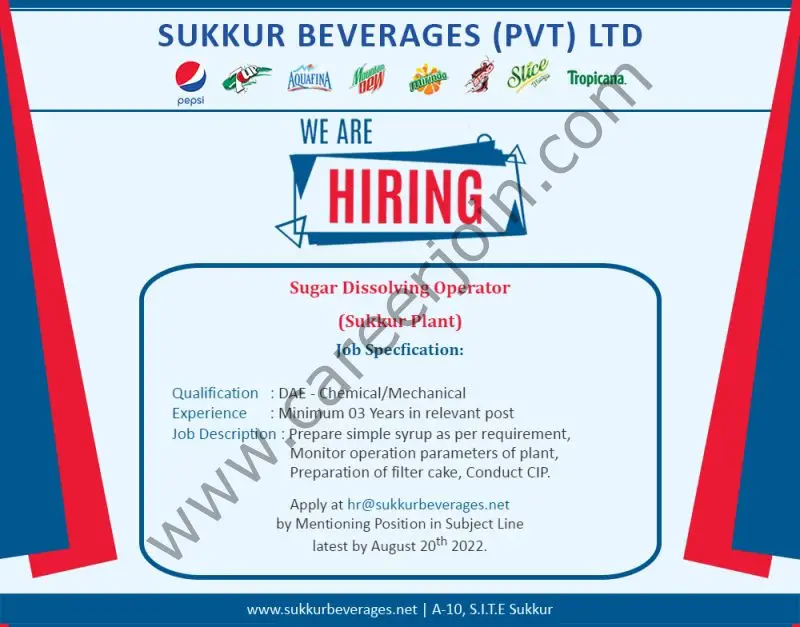 Sukkur Beverages Pvt Ltd Jobs Sugar Dissolving Operators 01