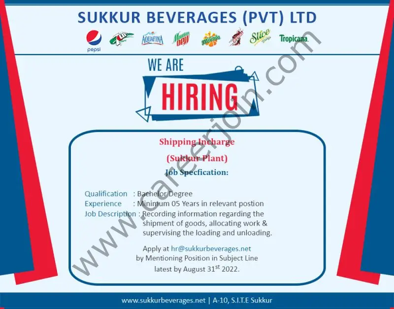 Sukkur Beverages Pvt Ltd Jobs Shipping Incharge 01