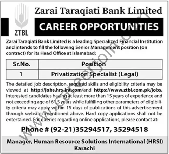 Zarai Taraqiati Bank Ltd ZTBL Jobs Privatization Specialist (Legal) 01