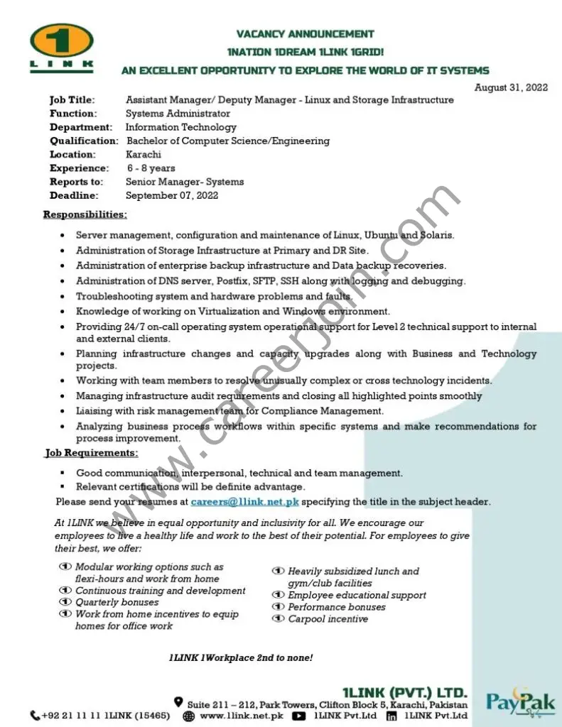 1Link Pvt Ltd Jobs Assistant Manager / Deputy Manager Linux & Storage Infrastructure 01