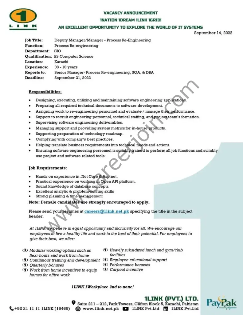 1Link Pvt Ltd Jobs Deputy Manager / Manager Process Re-Engineering 01