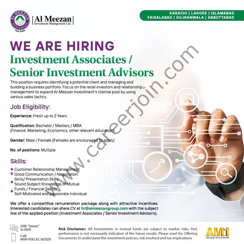 Al Meezan Investment Management Ltd Jobs Investment Associates / Senior Investment Advisors 01