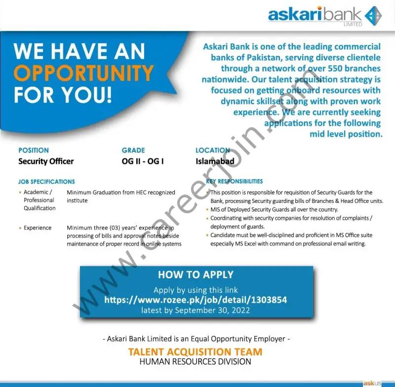 Askari Bank Limited Jobs Security Officer