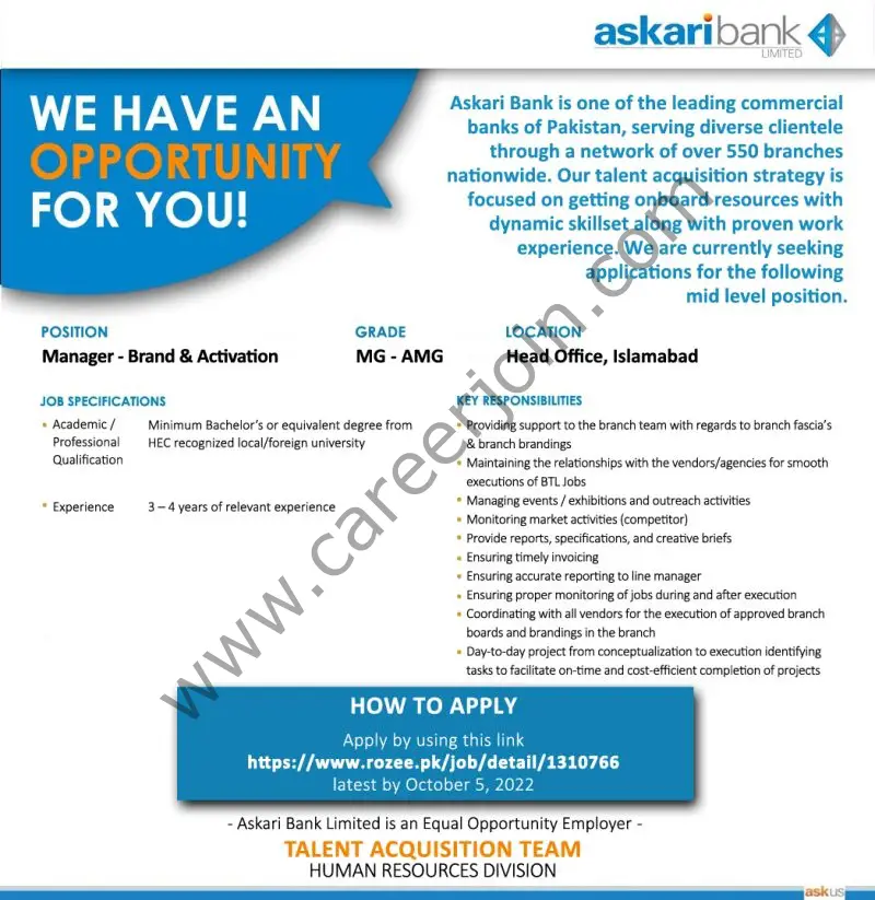 Askari Bank Limited Jobs Manager Brand & Activation
