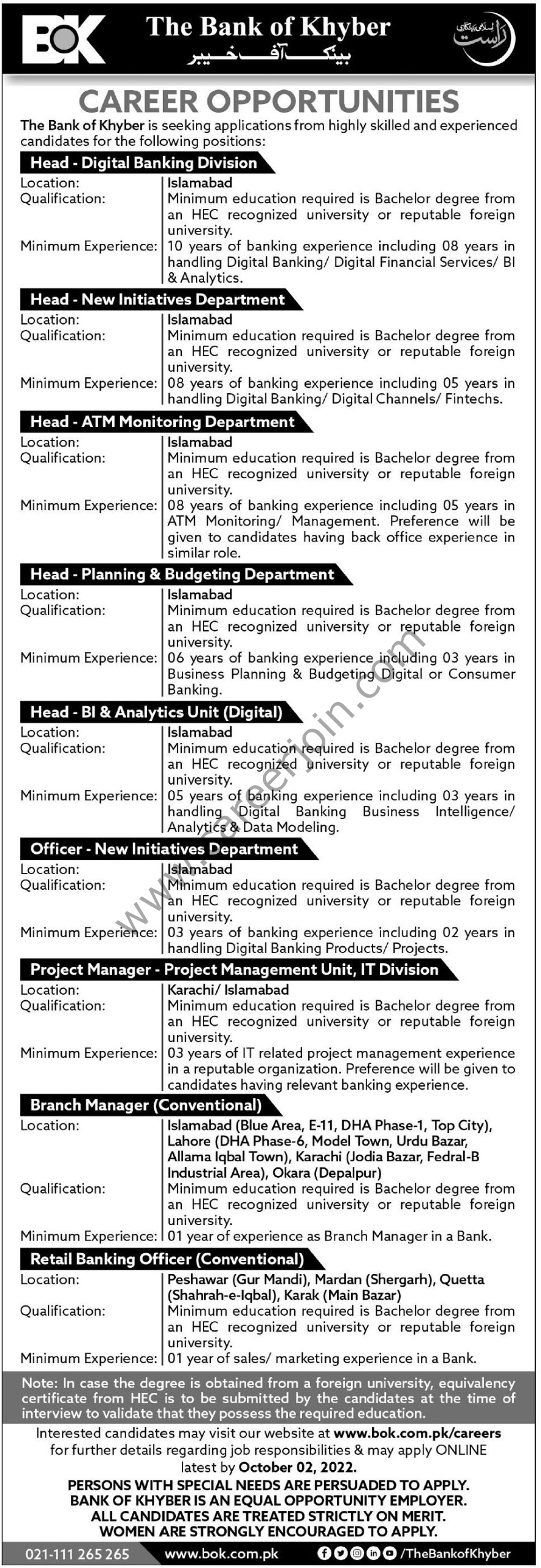 Bank of Khyber BOK Jobs 18 September 2022 Express Tribune 01