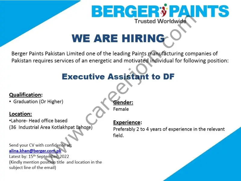 Berger Paints Pakistan Jobs Executive Assistant To DF 01