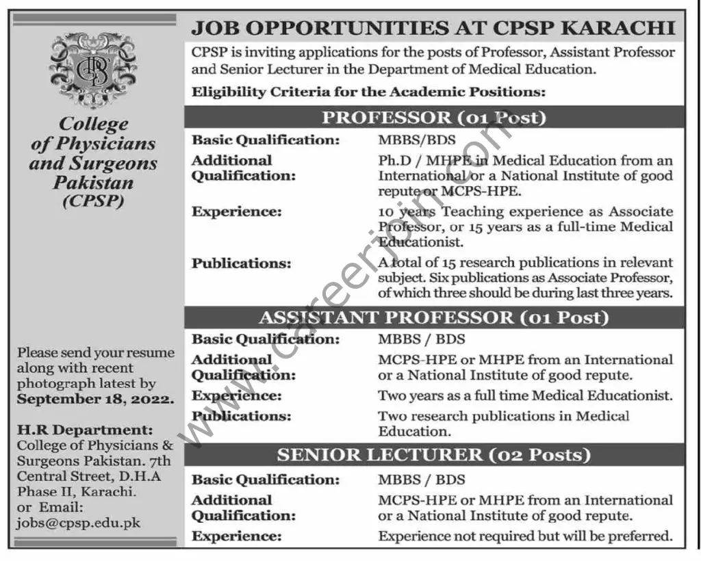 College of Physicians & Surgeons Pakistan CPSP Jobs September 2022 01