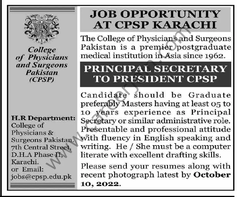 College of Physicians & Surgeons Pakistan CPSP Jobs Principal Secretary 01